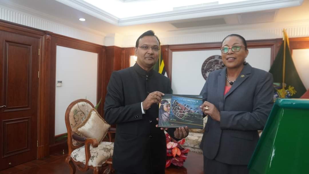 High Commissioner Dr. Pradeep Rajpurohit presented his Letters of Credence from the Hon. President of India to Her Excellency Sylvanie Burton, President of the Commonwealth of Dominica for his appointment as the HC of India to the Commonwealth of Dominica in a ceremony held at the Office of the President on August 12, 2024.